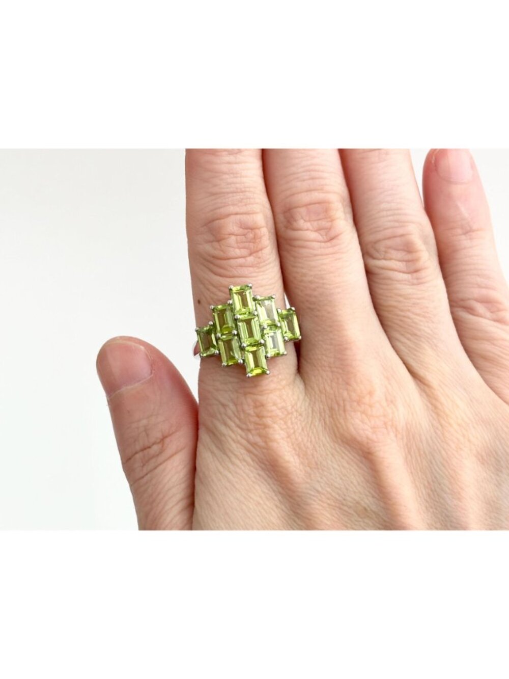 Green Peridot Emerald Cut Cluster Sterling Silver 925 Vintage Ring - sz 10 - Picture 15 of 15